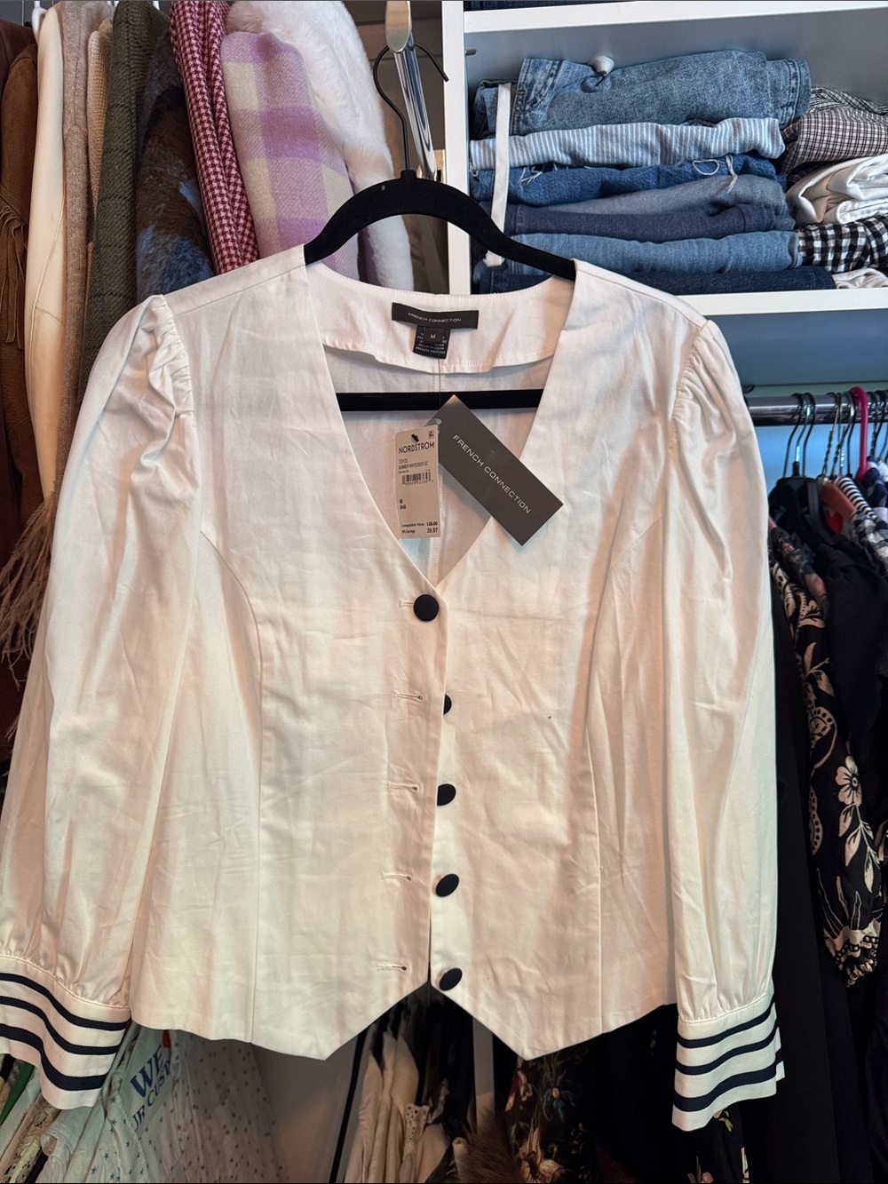 French Connection Cream V-Neck Blouse with Black Buttons and Striped Cuffs